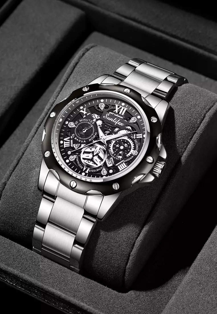 Jam Tangan Pria Kuarsa Luminous Tanggal Kasual Tali Stainless Steel Jam Tangan Cowok 8080 Silverblack