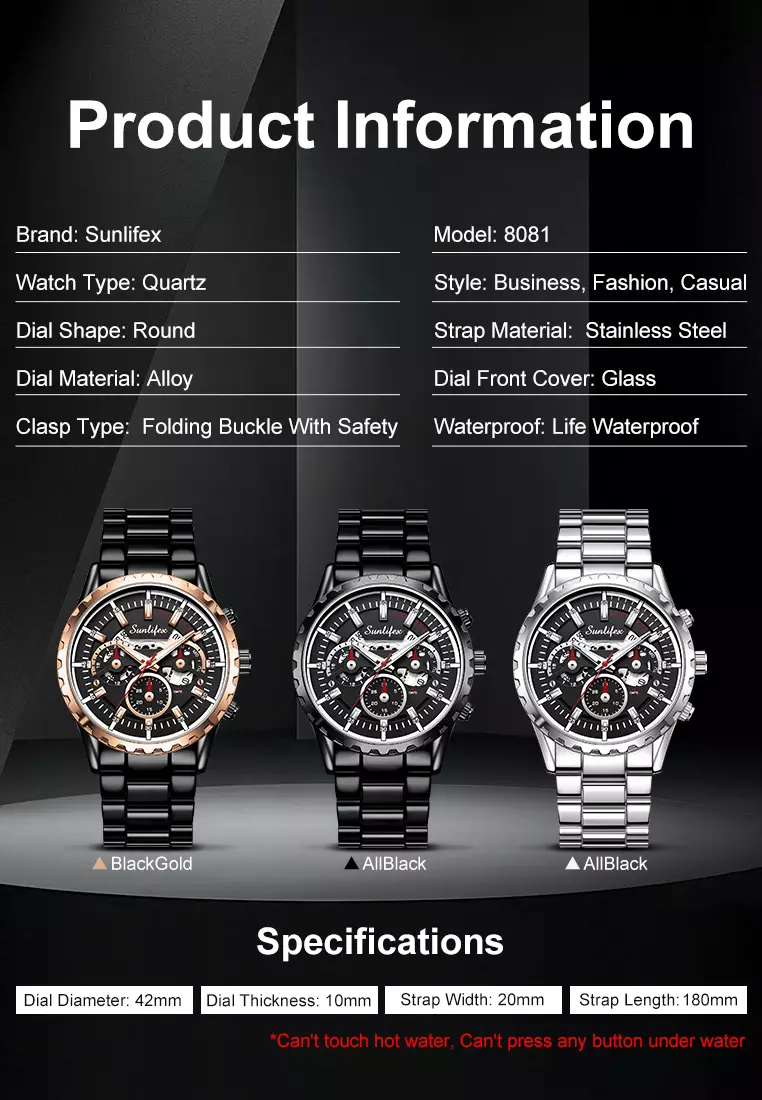 Jam Tangan Pria 8081 Kuarsa Hollow Design Kalender Tali Stainless Steel Jam Tangan Cowok blackgold