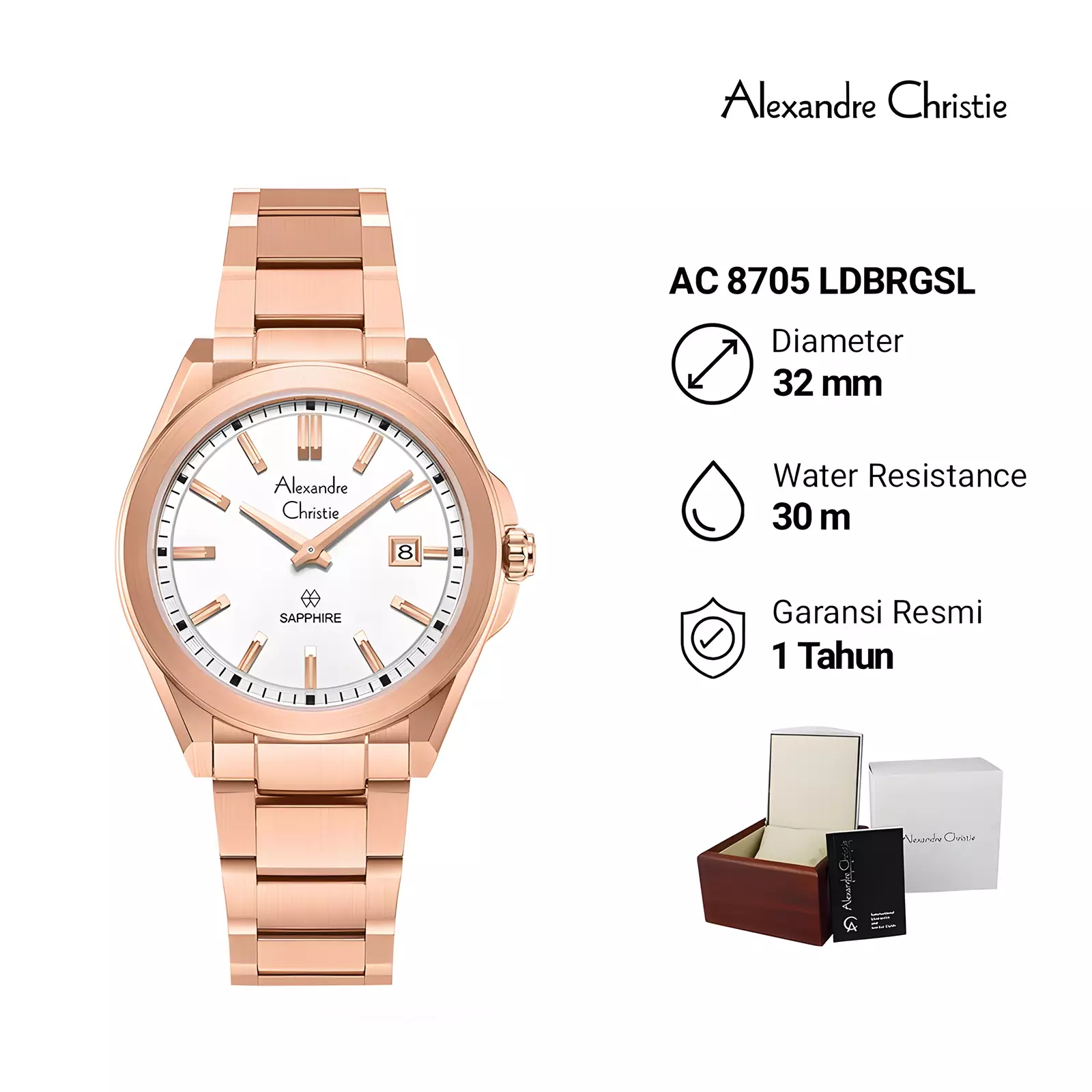 Alexandre Christie Sapphire Glass - Jam Tangan Analog Wanita - Rosegold White - Stainless Steel - 8705 LDBRGSL