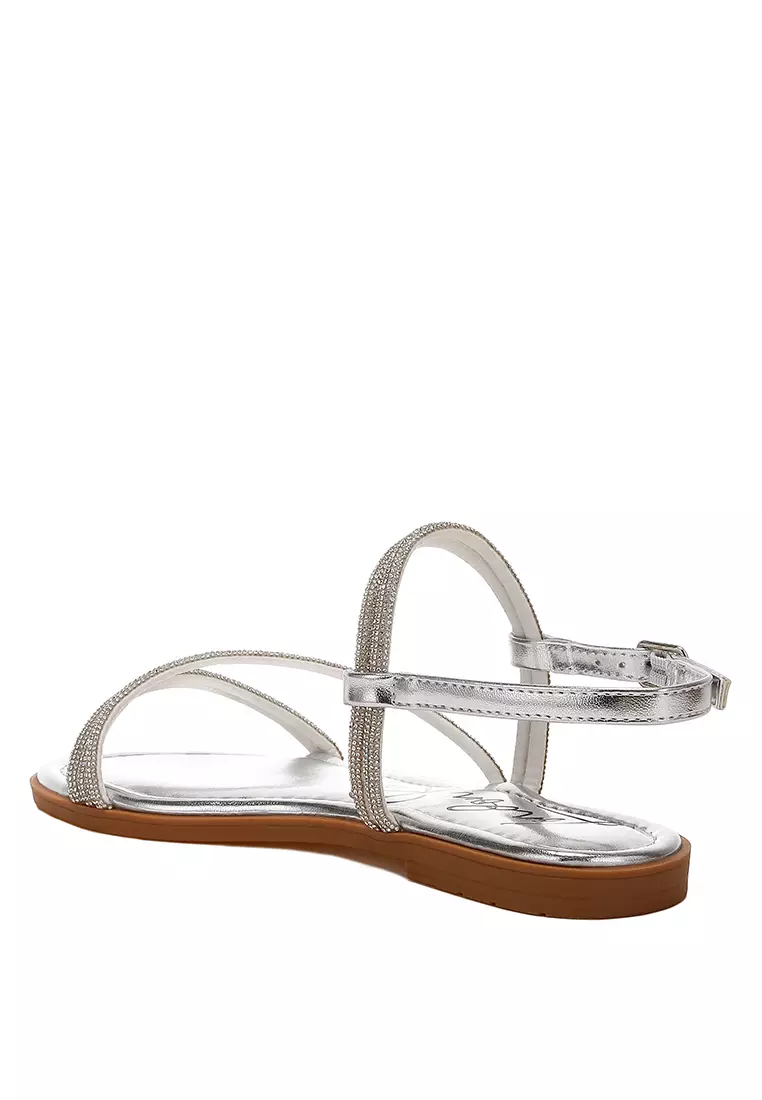 Rhinestone Strappy Flat Sandals in Silver