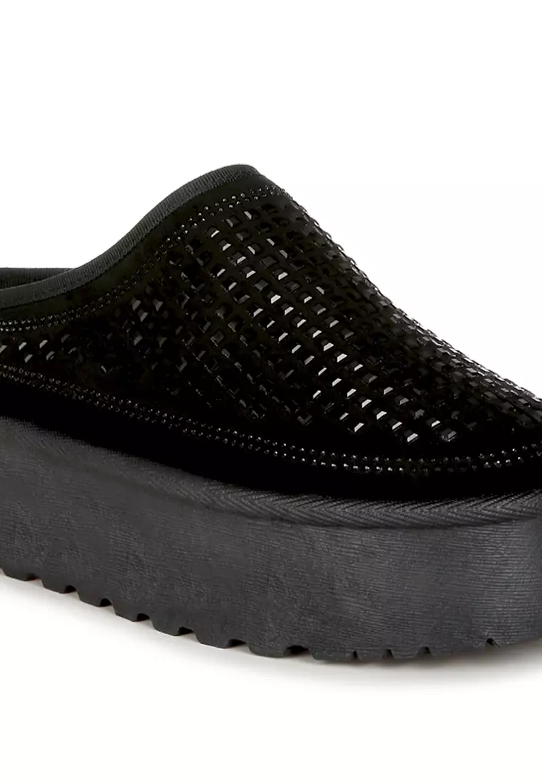 Black Rhinestones Embellished Platform Classic Slip-On