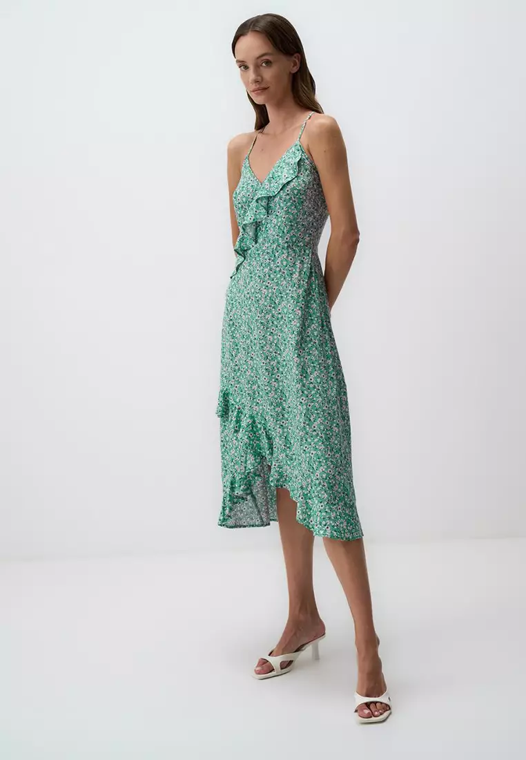 Jimmy Key Mint Green Narrow Cut Straps V-Neck Patterned Midi Dress