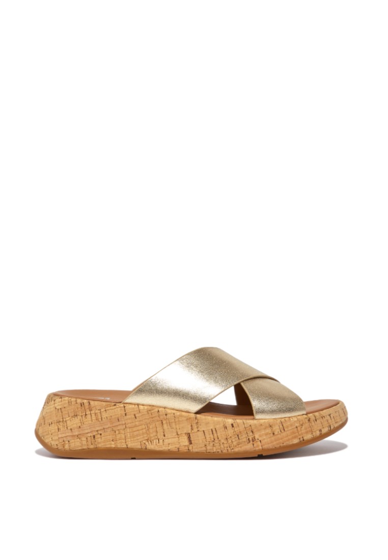 FitFlop F-MODE Women's Metallic Leather Cork Flatform Cross Slides - Platino (FT8-675)