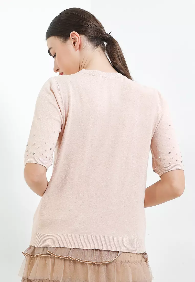 Short Embellished Sleeves Knit Blouse