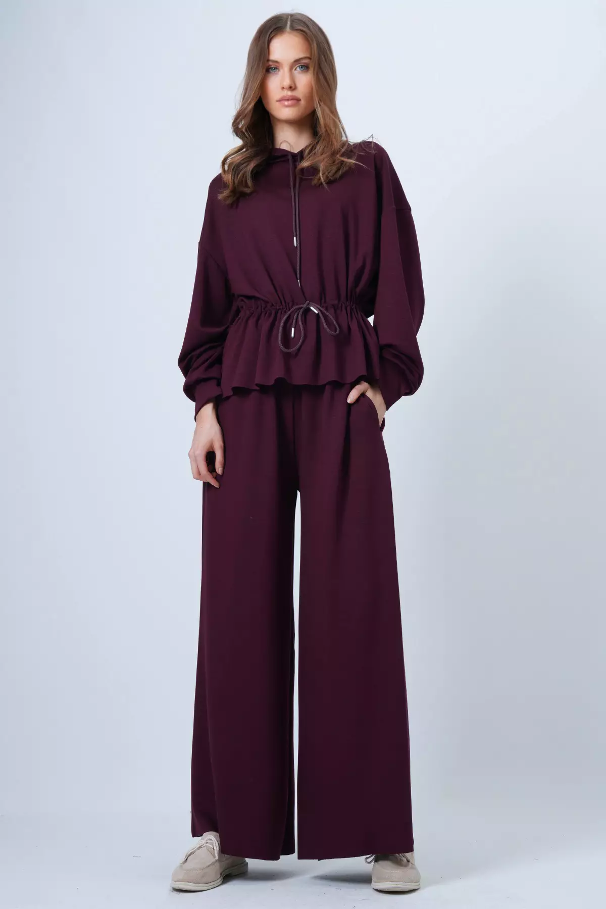Burgundy Hooded Drawstring Waist Modal Blouse And Pants Set Alc-X14668
