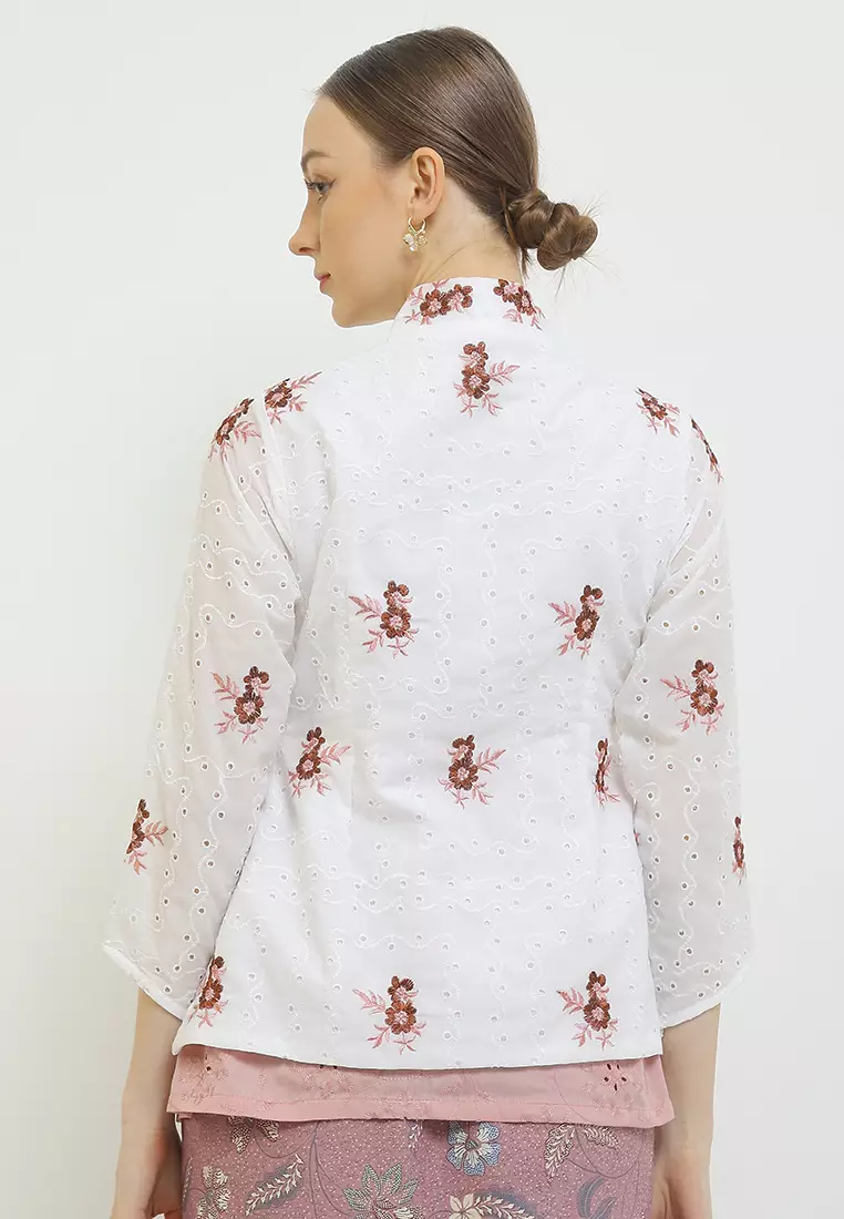 Blouse Atasan Kebaya Kutubaru Embro Modern Wanita Kartini Widuri White Pink Lengan Panjang