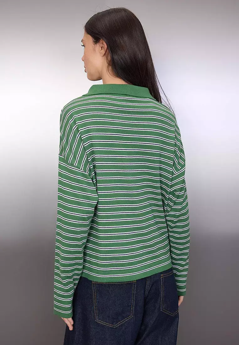 Wardrobe Essentials Green Premium Yarn/Custom Yarn Wide Fit Striped Knitwear Sweater Twoaw26Kz195