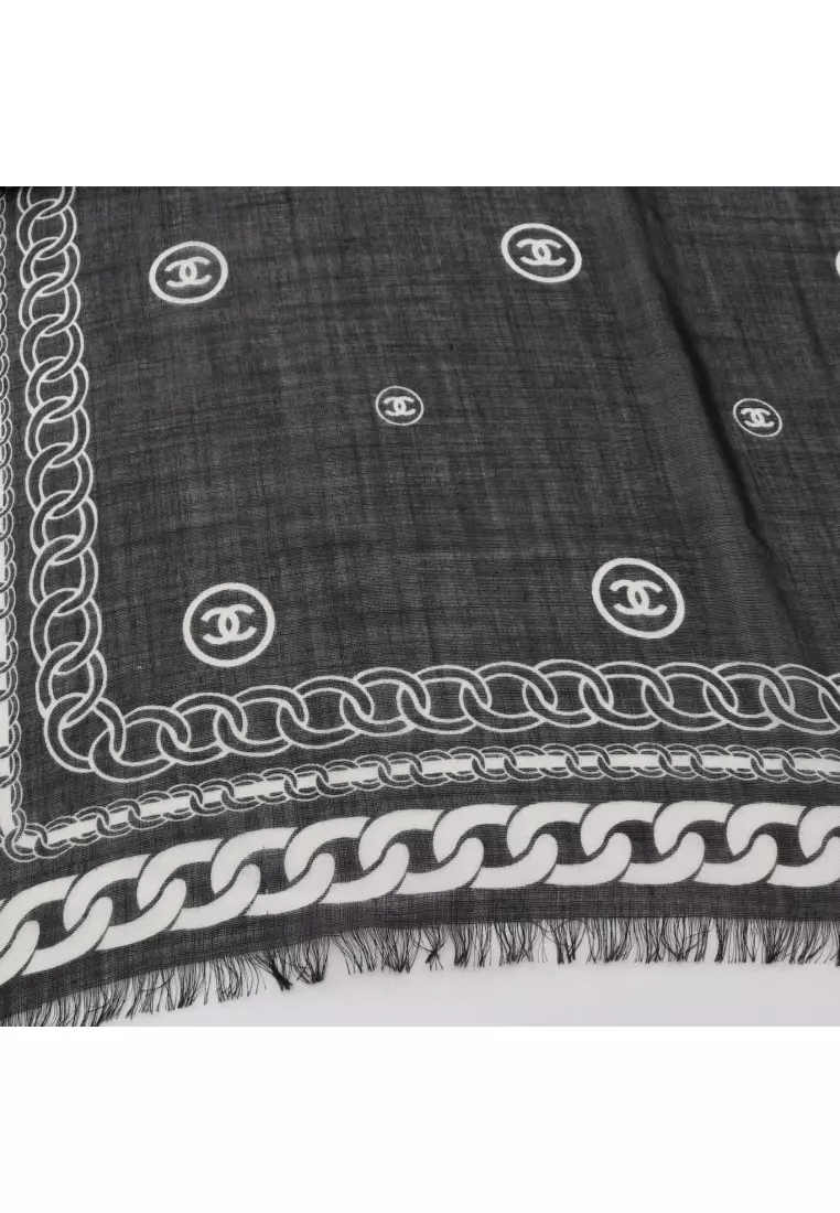 Pre-Loved Chanel coco mark shawl cashmere silk black white