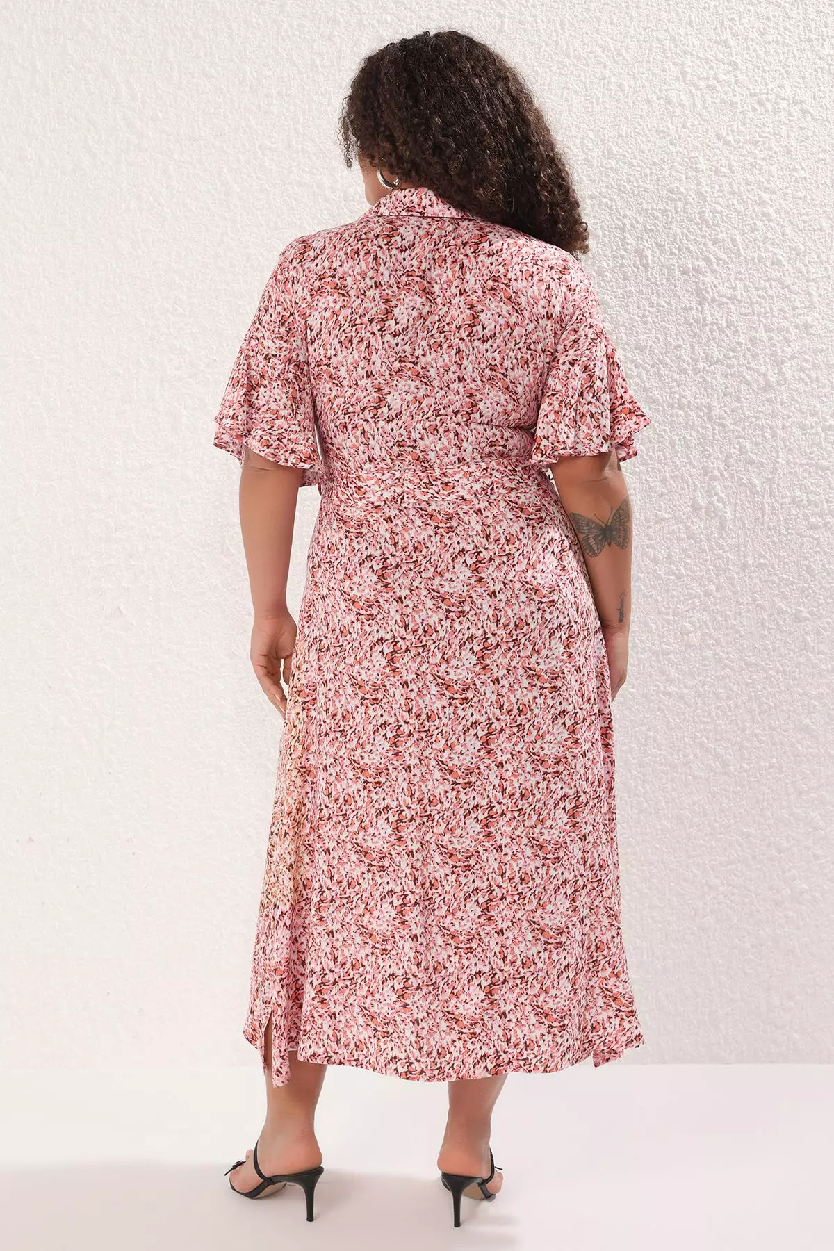 Pink Abstract Patterned Woven Slit Shirt Dress TBBSS22EL1596