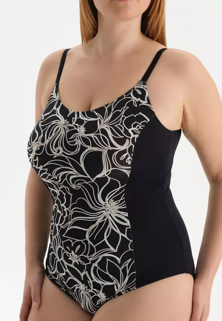 White-Black Minimizer Swimsuit, Flower Printed, Minimizer, Full-Cup, Non-wired, Swimwear for Women