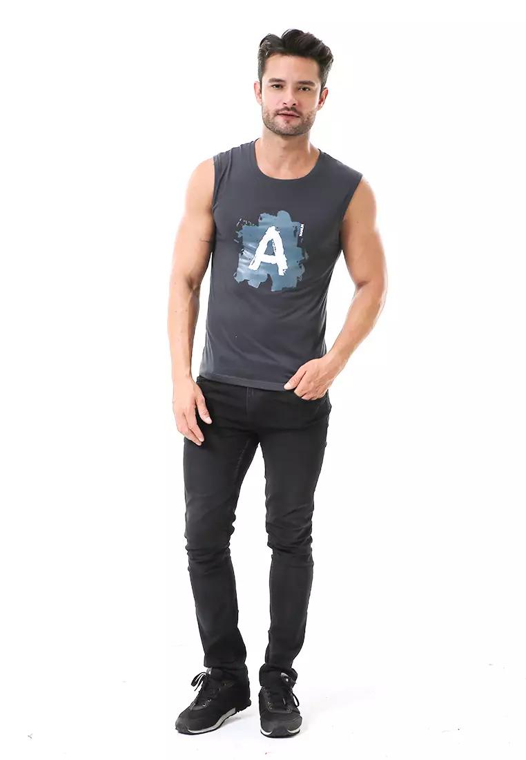Bobby Atasan Kasual Pria Singlet Motif Huruf A Atasan Tanpa Lengan Material Cotton ORIGINAL - Dark Gray