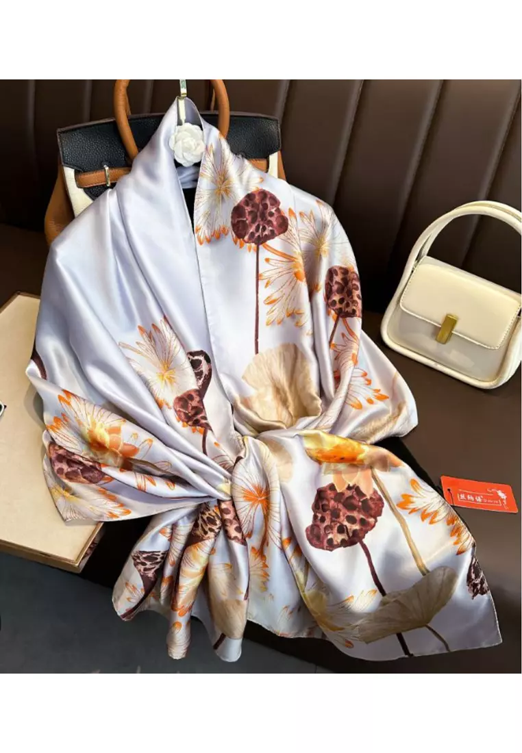 Aksesoris Wanita Ginko & Lotus Root  Silk Large Size Pashmina Syal Wanita Silver & Multi