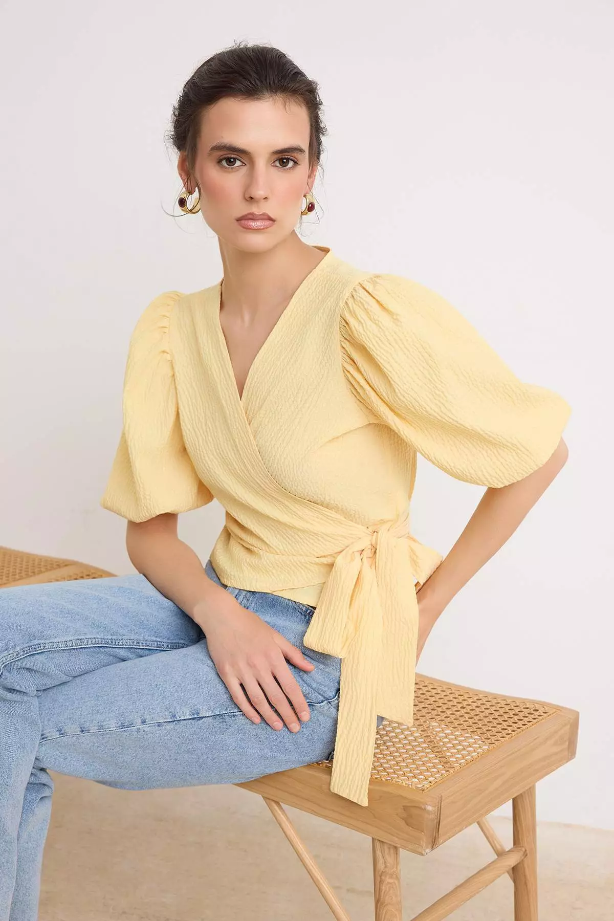 Yellow Wrap-Around Blouse with Tie Detail and Wavy Fabric Woven Design