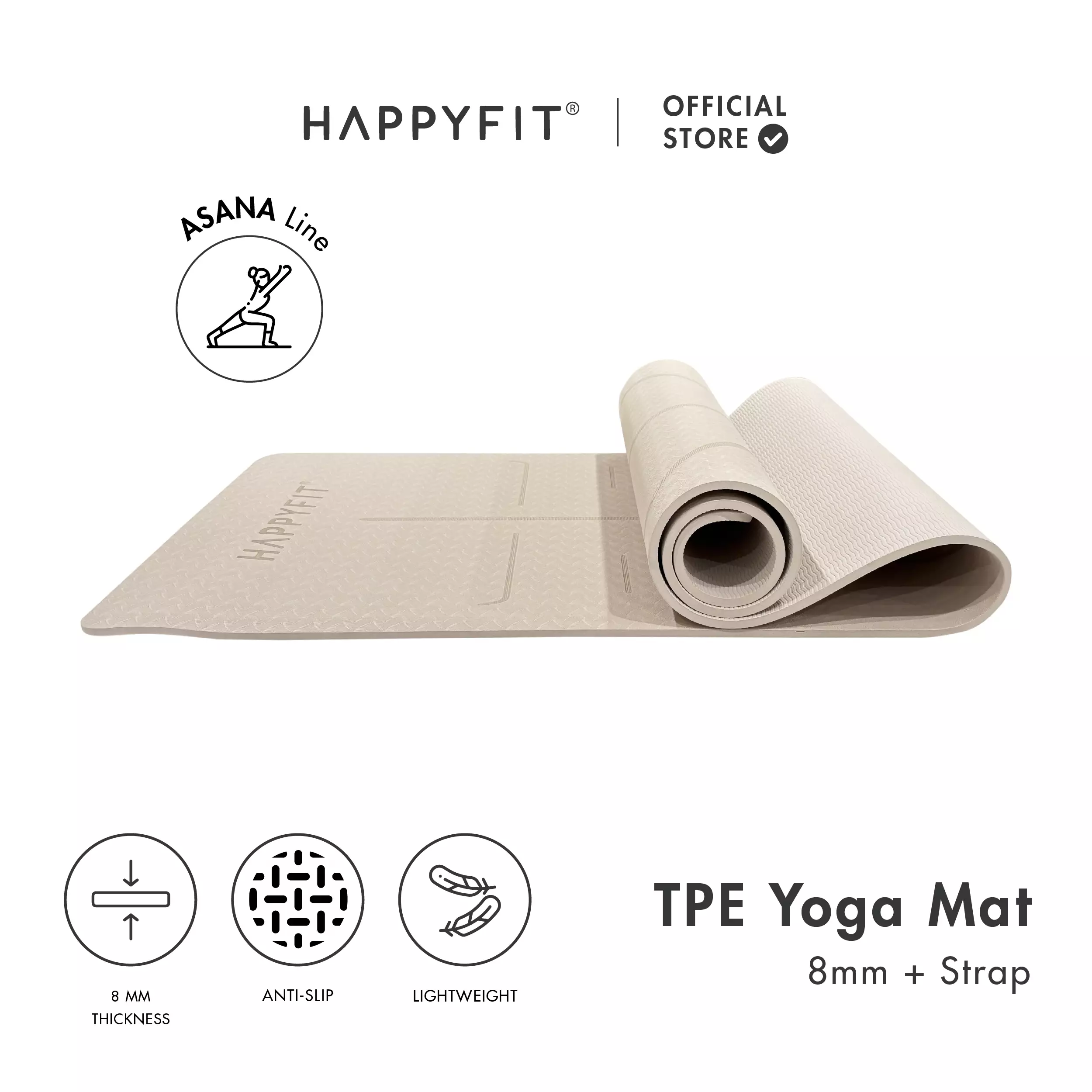 HAPPYFIT - Yoga Mat Asana TPE 8mm Eco Friendly (FREE STRAP) / Matras Yoga / Matras Olahraga / Matras TPE Beige