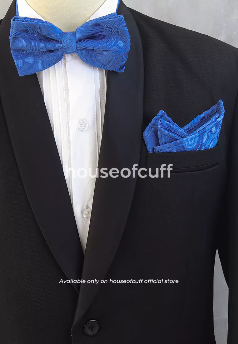 Houseofcuff dasi kupu pria bowtie pocket square jacquard biru motif