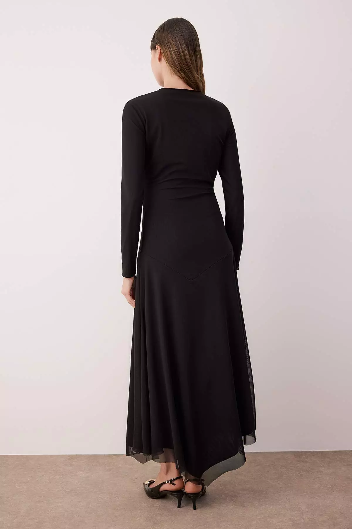 Black Lined Asymmetrical Hem Tulle Knit Dress