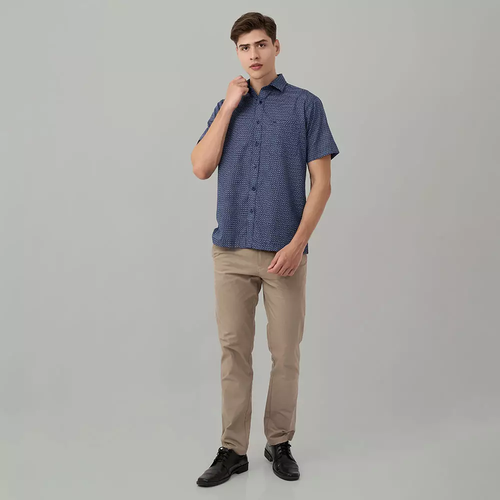 Kemeja Lengan Pendek Guy Laroche Printed Asell Rowen - Navy Cotton Smart Casual