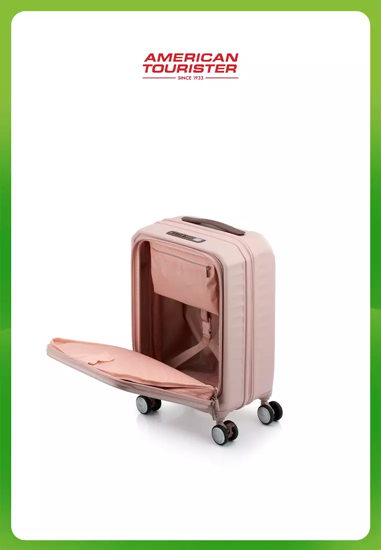 American Tourister Koper Hardcase Frontec V2 Cabin Strawberry + PWP Luggage Cover Book Opening S Blue