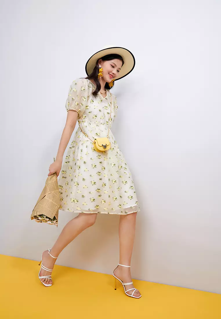 V-Neck Floral Chiffon Midi Dress