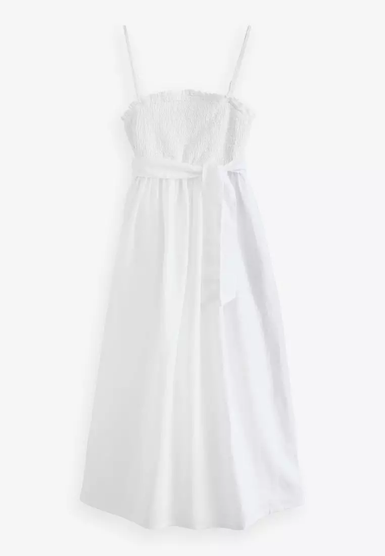 Shirred Premium 100% Linen Summer Midi Dress