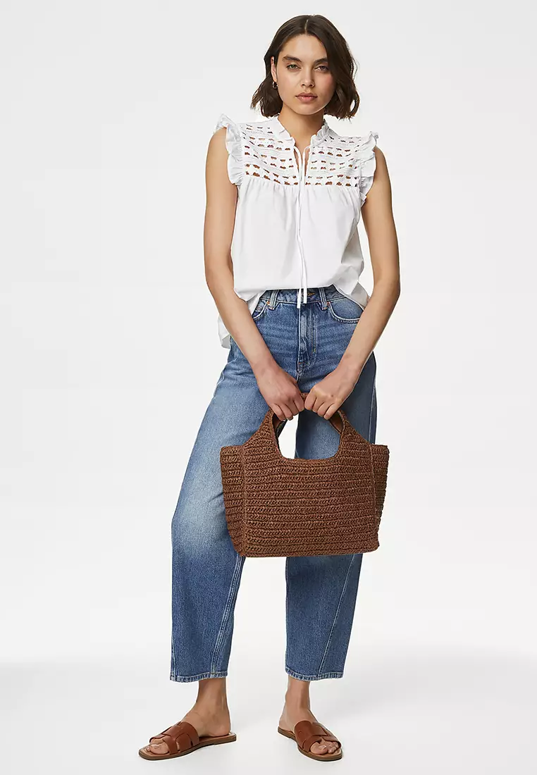 Pure Cotton V-Neck Lace Insert Top