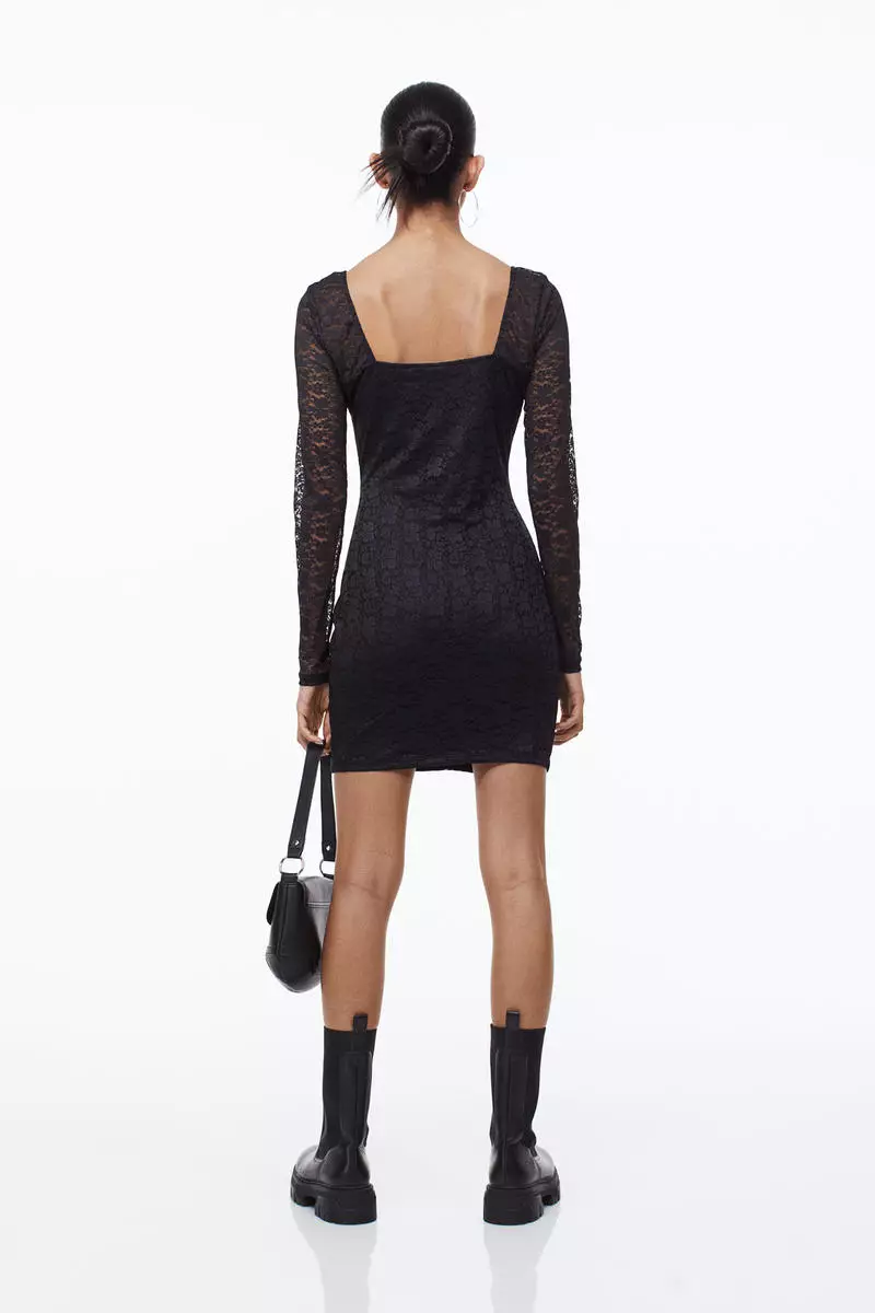 knee length dresses for ladies Airabella Long Sleeve Lace Mini Dress | Black | Womens main image 0