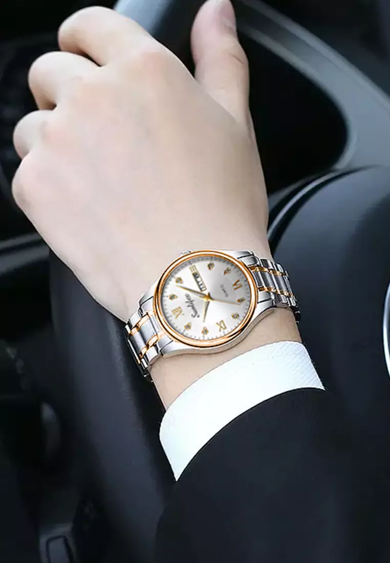 Jam Tangan Pria 9010 Kalender Kuarsa Tali Stainless Steel Bisnis Santai Jam Tangan Cowok gold white