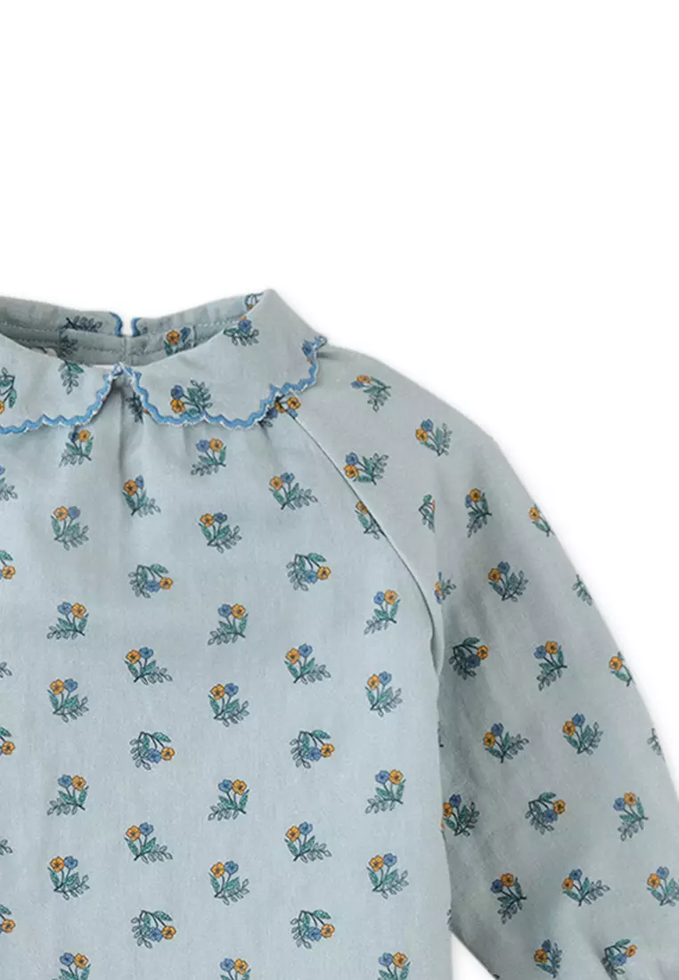 Baby Girls Floral Blouse With Scallop Collar And Contrast Embro