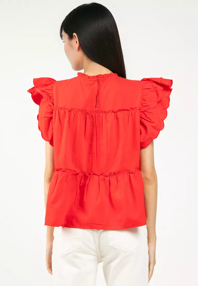 Sleeveless Crew Neck Frill Woven Top