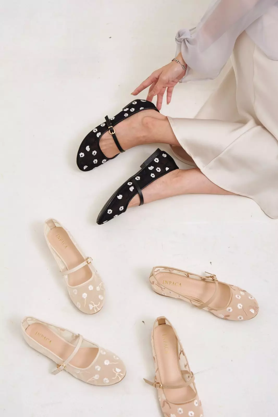 Eloise Mary Jane Mesh Flat Shoes Embroidery Flower Ballerina Ivory