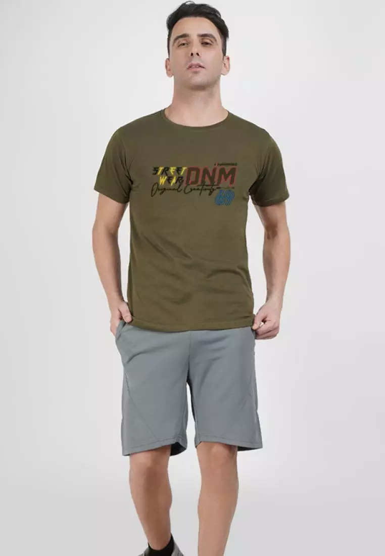 街头牛仔印花图案橄榄色棉质短袖圆领休闲 T 恤