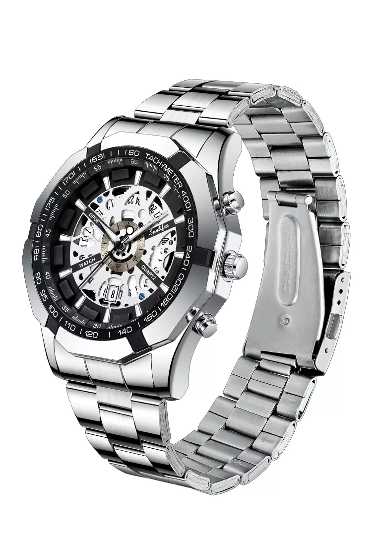 Jam Tangan Pria Original Calendar Luxury Bisnis Tali Stainless Steel Jam Tangan Cowok 9096 silverblack