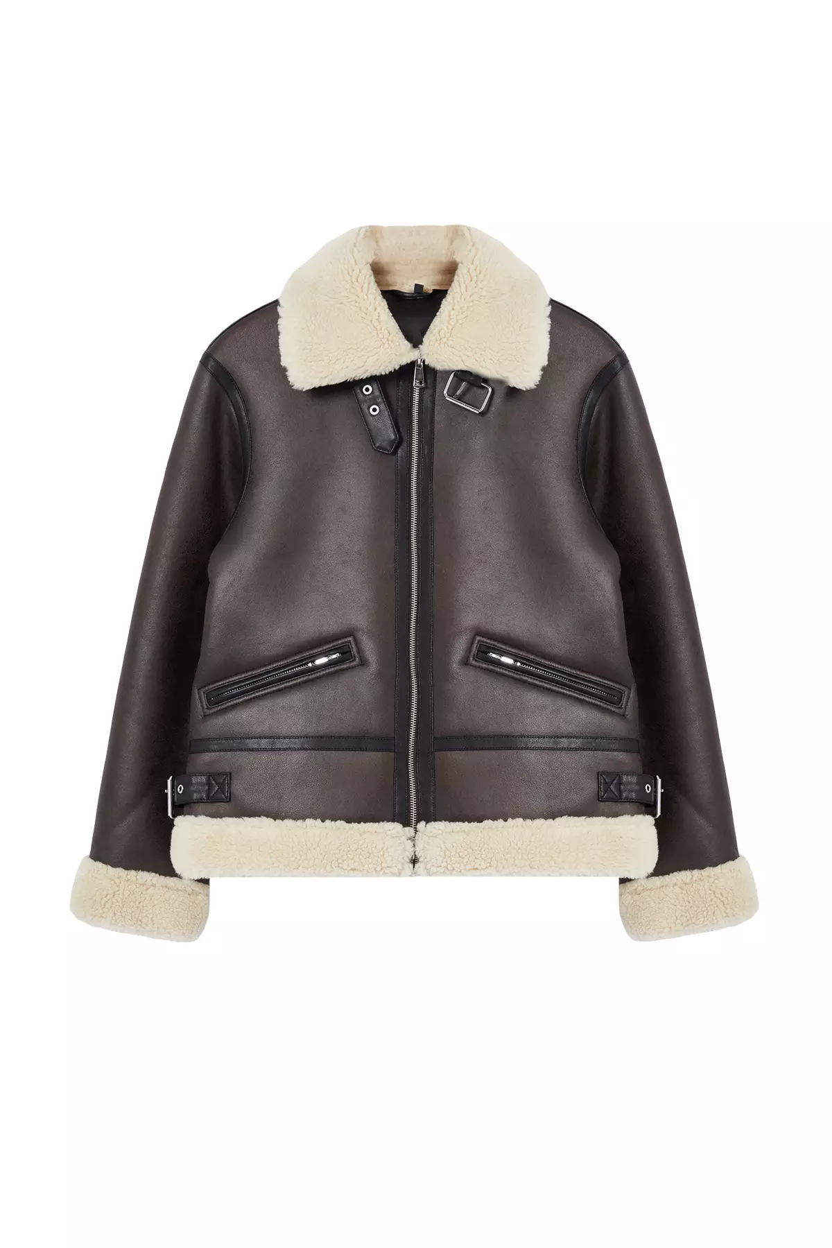 Dark Brown Regular Collar Belt Detailed Plush Faux Leather Biker Jacket Coat TWOAW25MO00000