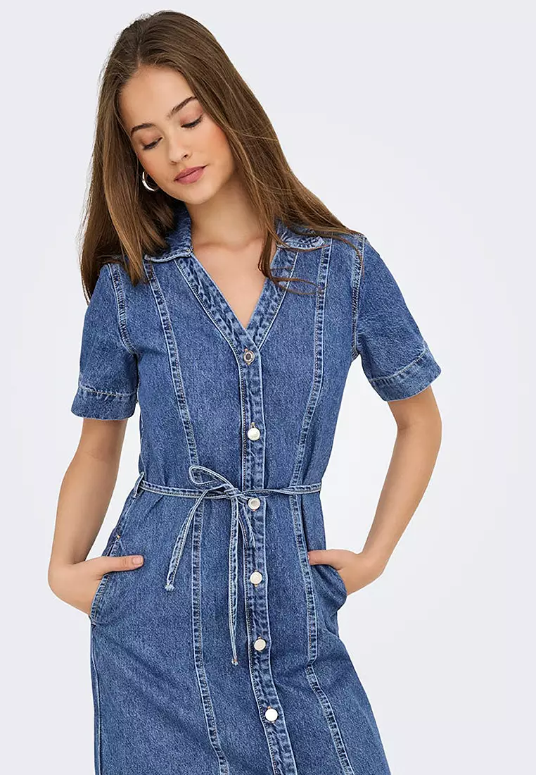 短袖牛仔束腰連身裙