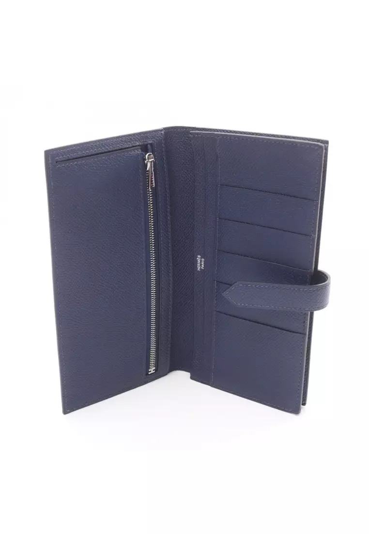 Pre-Loved Hermès bear souffle broodmalt Bi-fold Long Wallet Veau epsom dark blue silver hardware B stamp