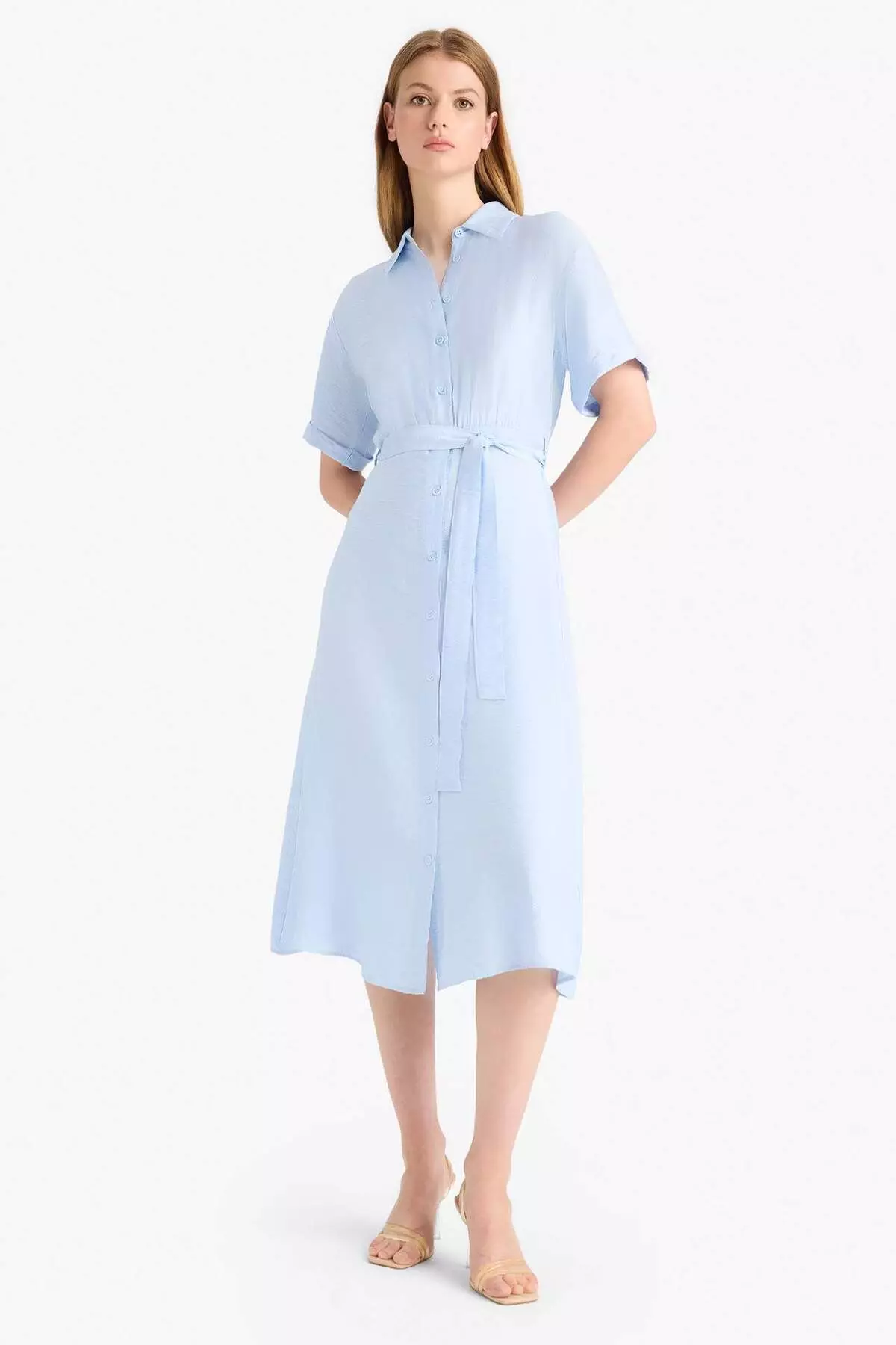 Shirt Collar Belted Short Sleeve Red Midi Summer Dress F2113Ax25Sm