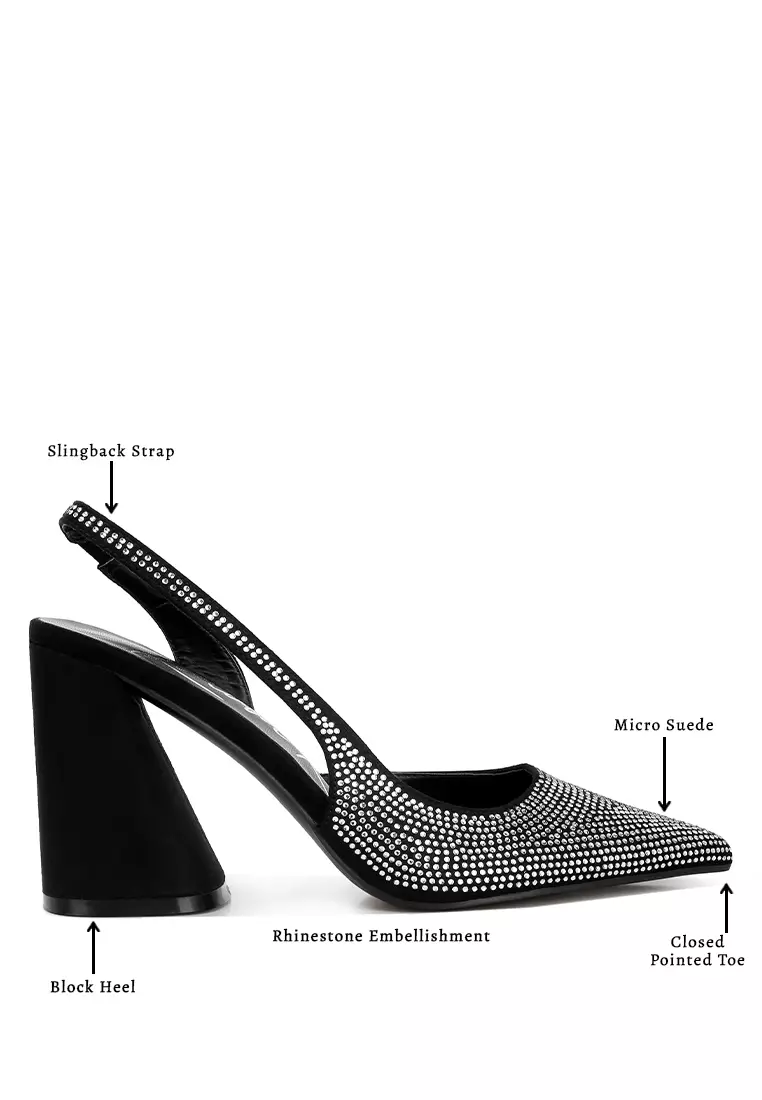 Sandal Tumit Suede Berlian Imitasi Hitam