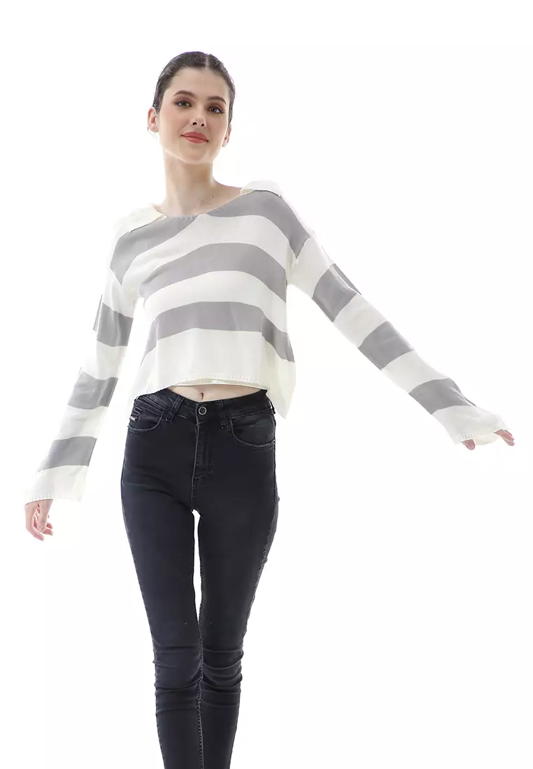 Vilia Rajut Crop Atasan Wanita Oversize Motif Stripe Garis Relaxed Fit - Abu Muda