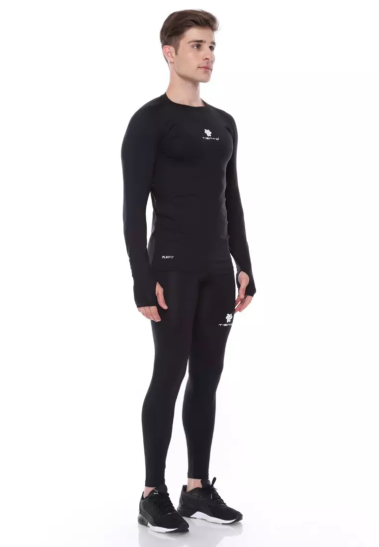 Tiento Men Manset Olahraga Thumbhole Black Lubang Jari dan Celana Legging Pria Black 1 Set