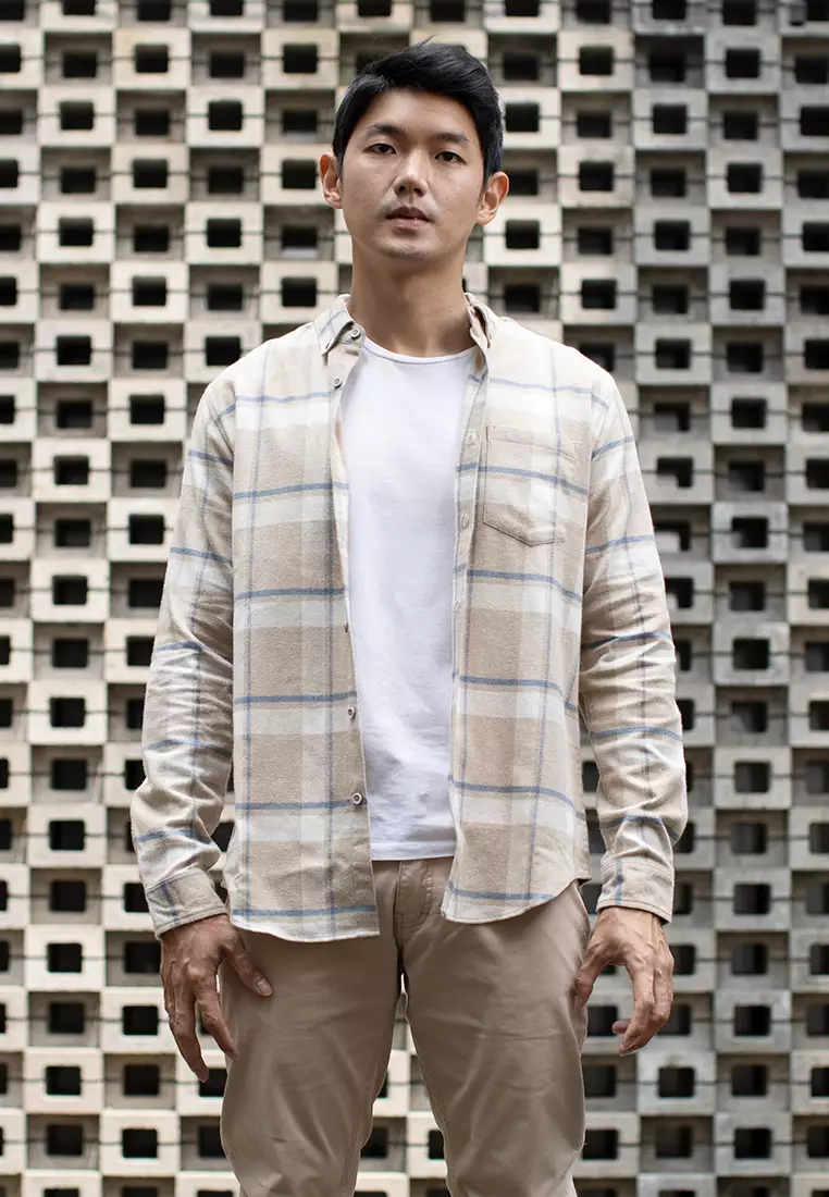 Kemeja Flannel tangan panjang cotton oxcon Cream blue teal