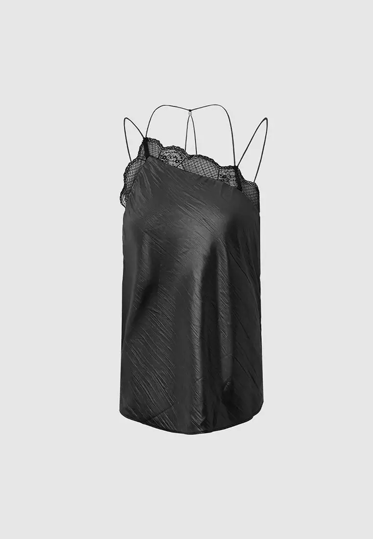Asymmetrical Strap Satin Cami Top with Lace Trim