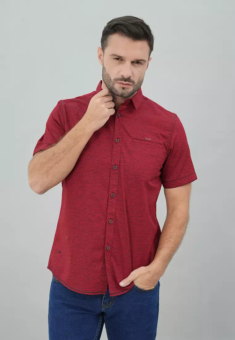 LGS - Slim Fit - Kemeja Casual Pria - Lengan Pendek - Merah - Motif Polos - JSH.392.S1079F.948.C