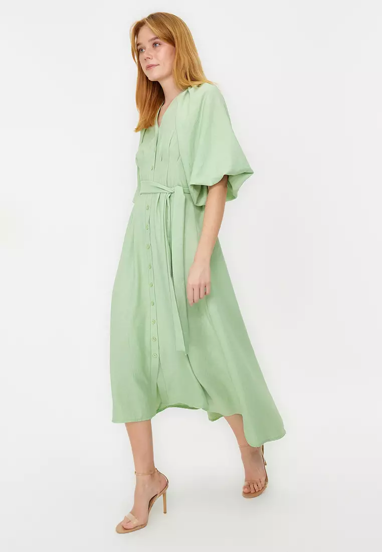 Belted Half Balloon Sleeve Linen Shirt Dress