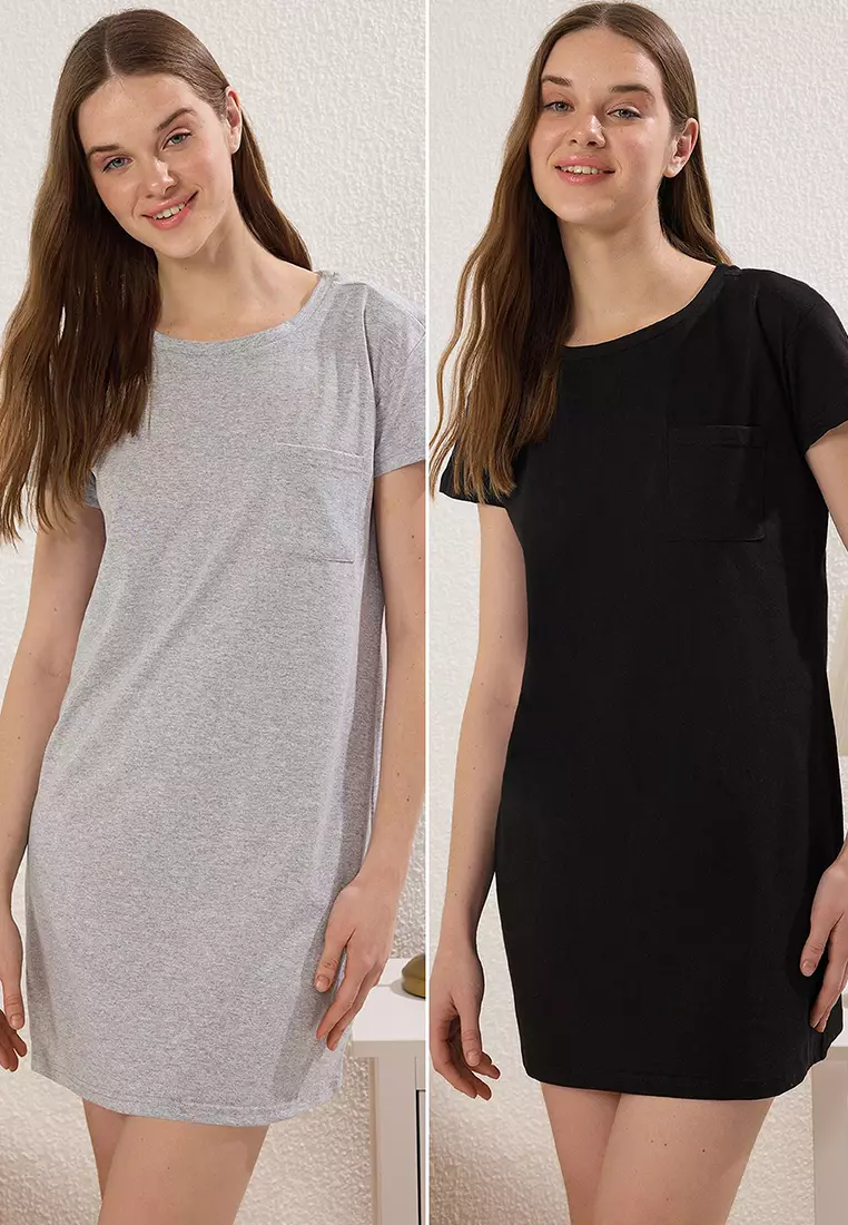 Black-Grey 2-Pack 100% Cotton Pocket Detailed Knitted Nightgown THMSS25GC00020