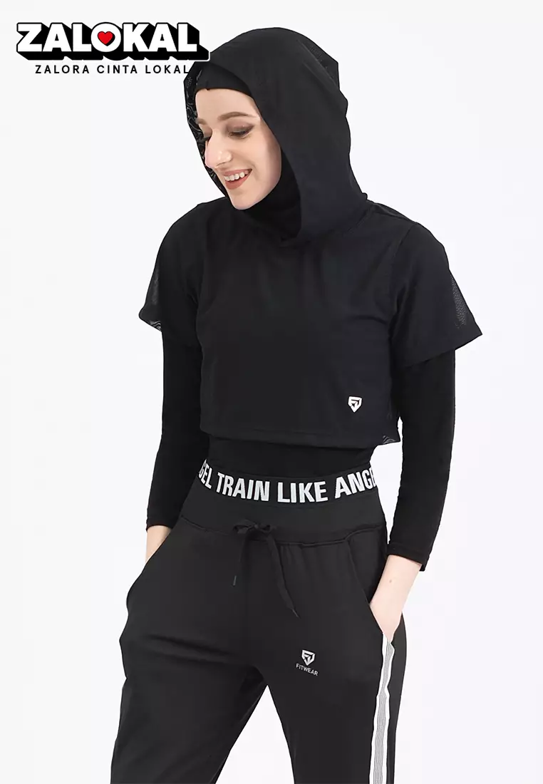 Fitwear - Croptop Jaring / Mesh / Sheer Olahraga RACHEL HOODIE SS - BLACK
