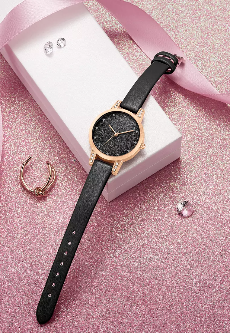 Jam Tangan Wanita Original Korea Mode Tali Kulit Jam Tangan Cewek SL3341 black