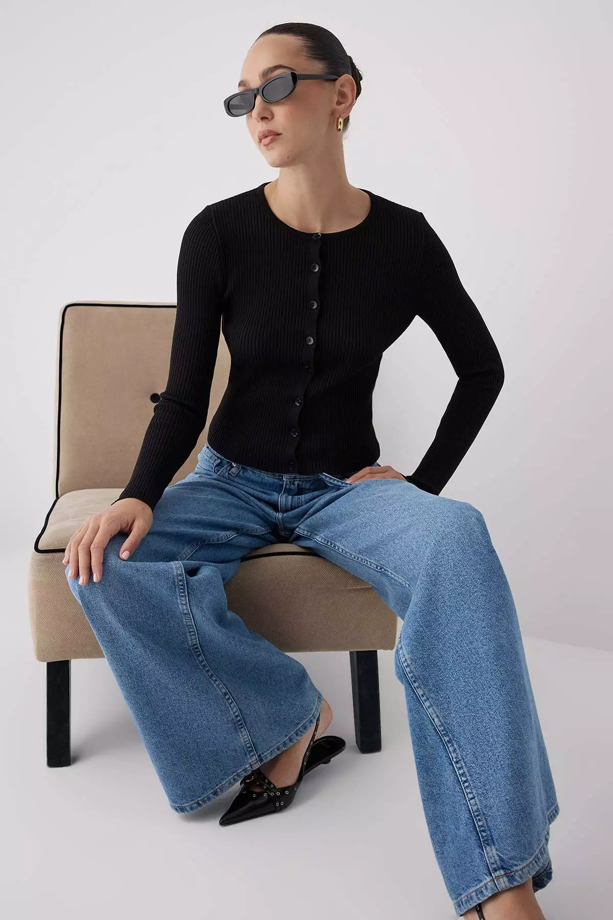 Black Mercerized Look Ribbed Knitwear Cardigan