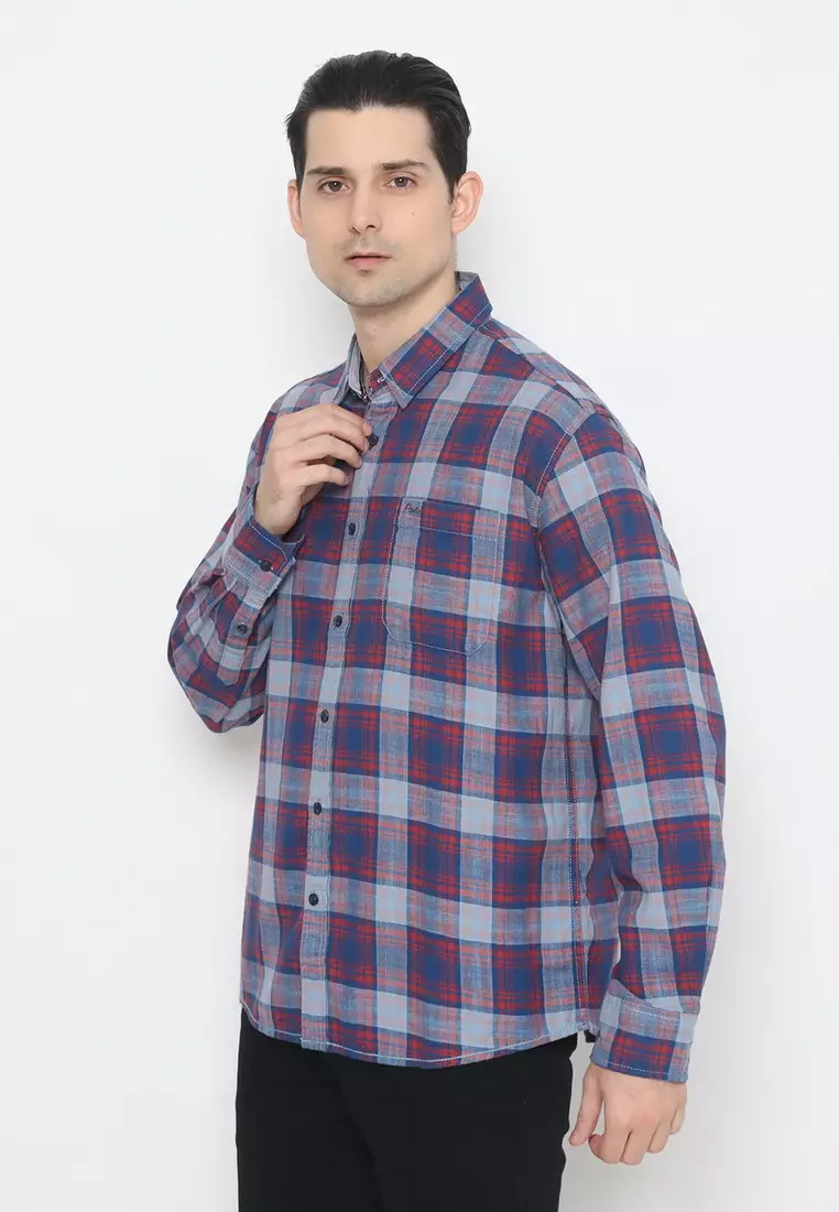 POLICE Kemeja Kotak Cotton Twill Slub Merah Biru Regular Fit Lengan Panjang Pria