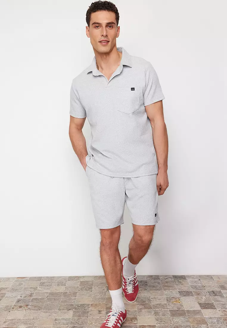 Gray Regular/Normal Cut Textured Fabric Labeled Polo Collar Tracksuit Set TMNSS23EM00003