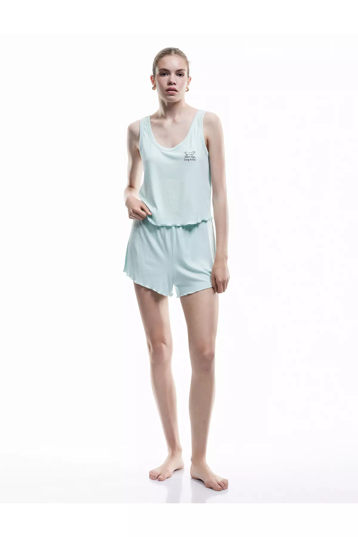 Viscose Fabric Dog Embroidered Detailed U-Neck Ribbed Tank Top And Shorts Pajama Set
